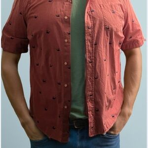 Men's Chaps Shirt with Whale Print rust color short sleeve button up.